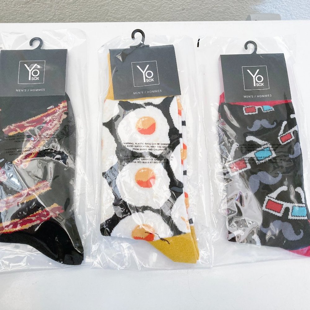 NEW YO SOX Bundle 3 Pairs Mens Fun Socks Eggs Bacon Movie Night 3D Glasses
